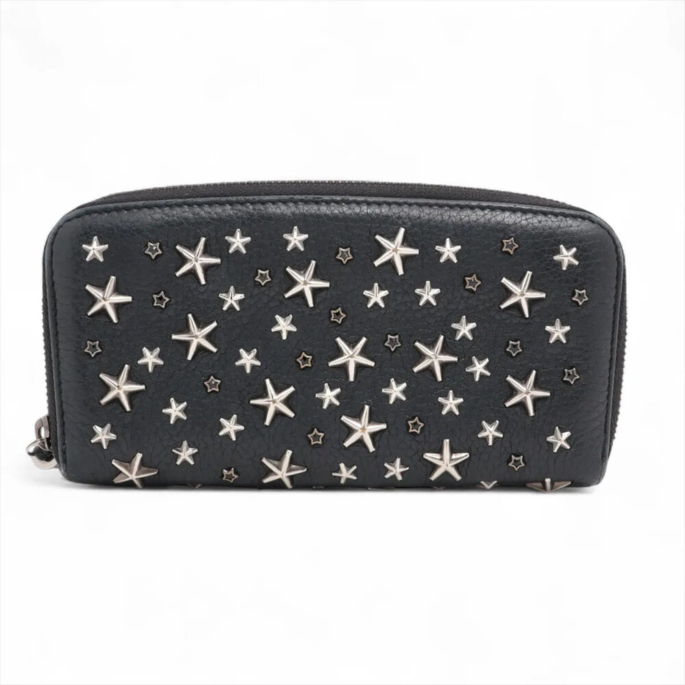 Jimmy Choo Star Studded Leather Long Wallet, Round Zipper, Black, Women's